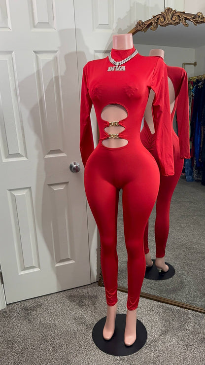 Red Alert Cutout Gold Chain Jumpsuit