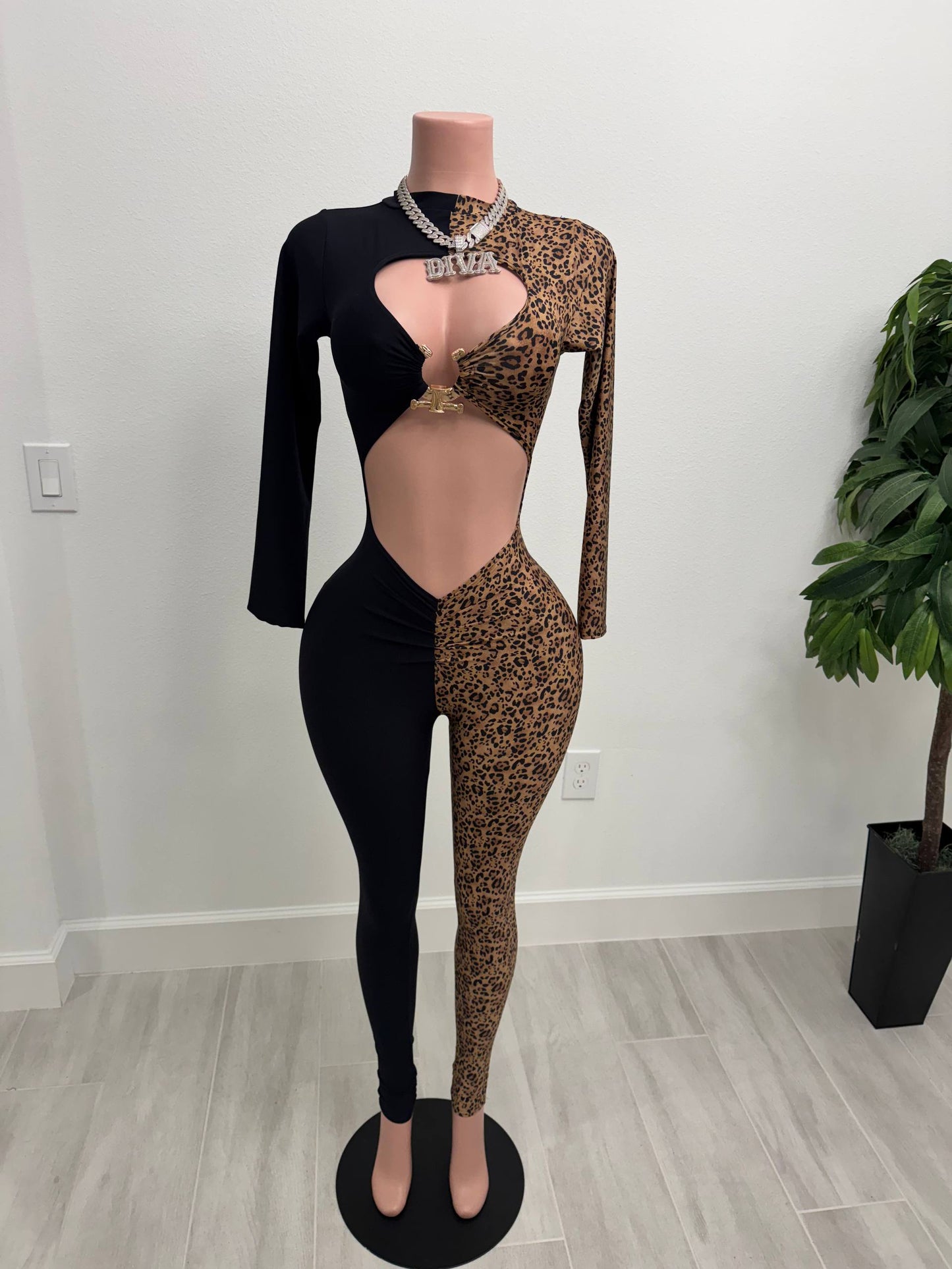 Two-Tone Leopard Cutout Jumpsuit