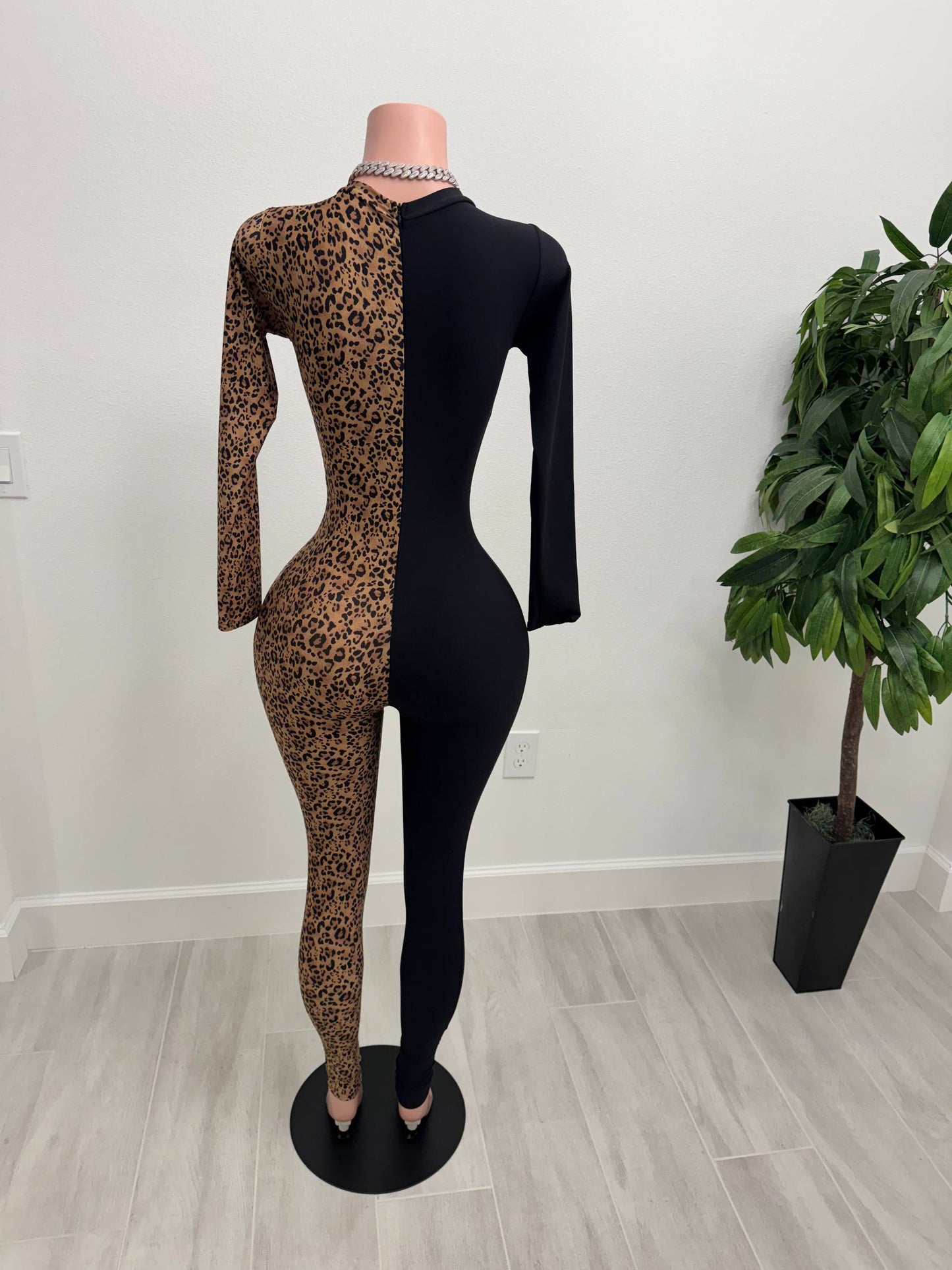 Two-Tone Leopard Cutout Jumpsuit