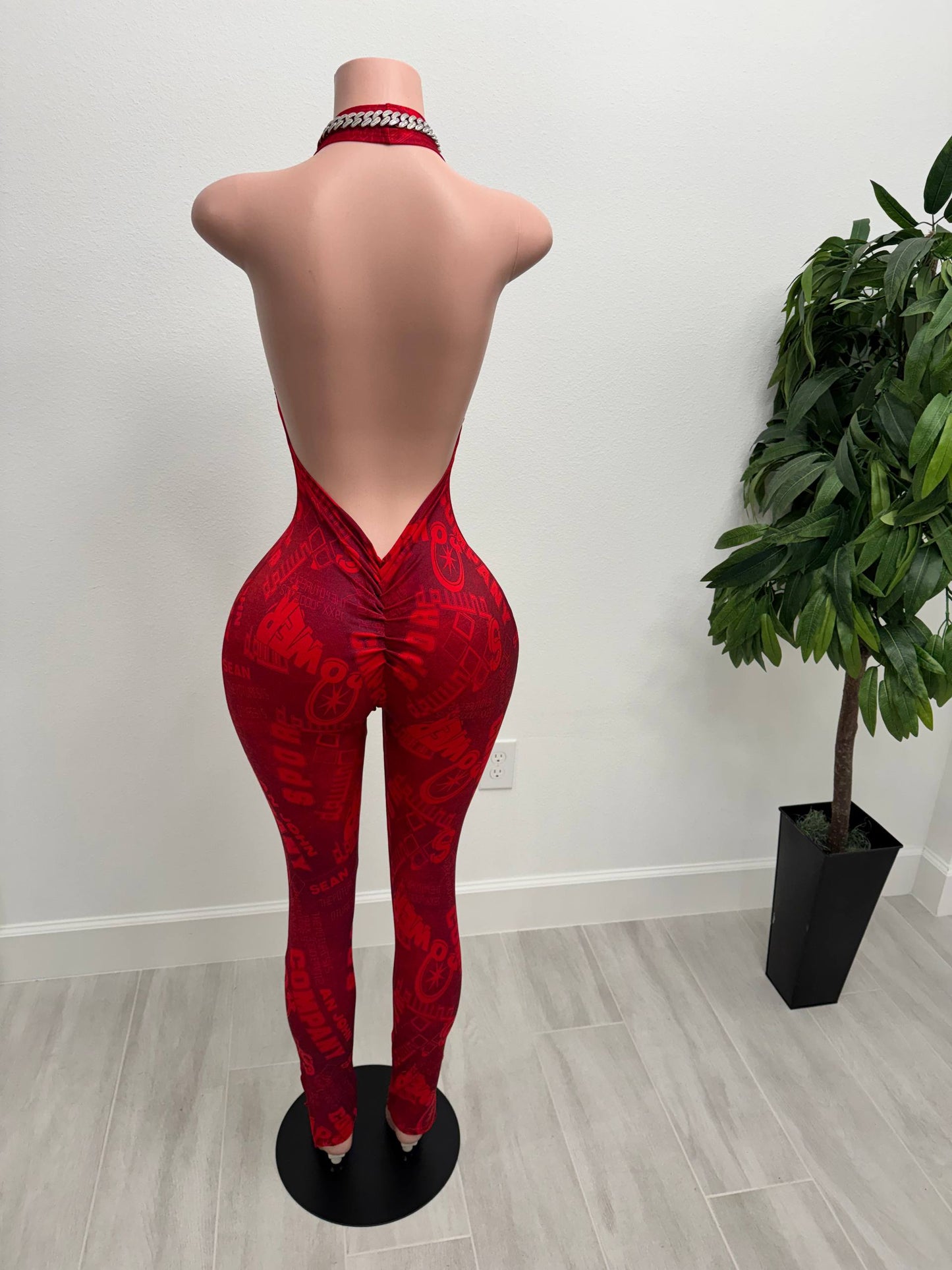 Red Danger Deep V Jumpsuit