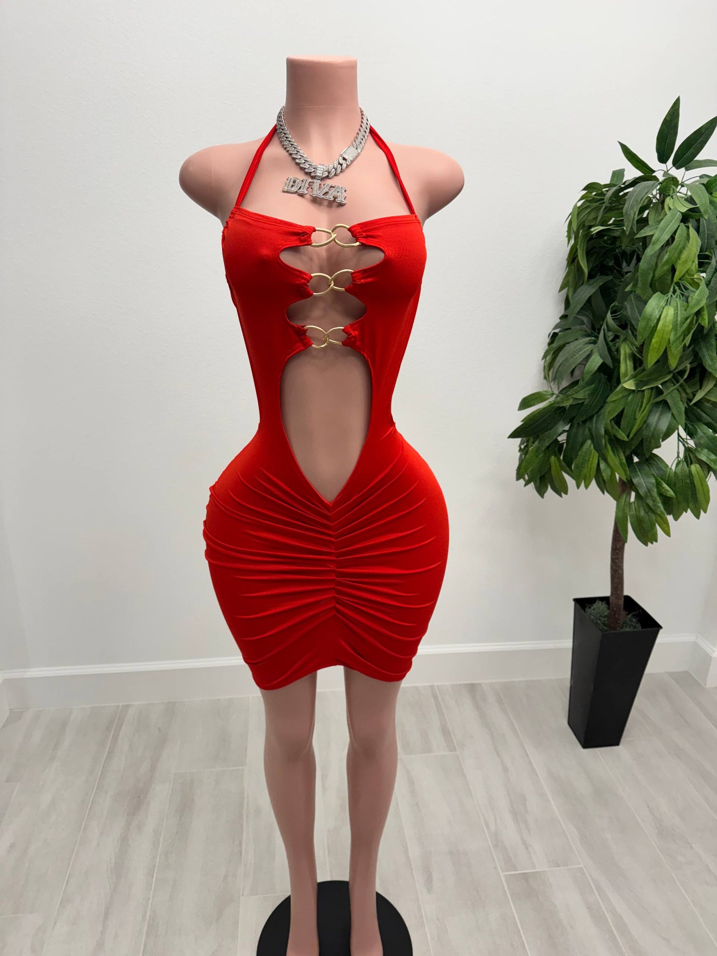 Red Goddess Ruched Dress