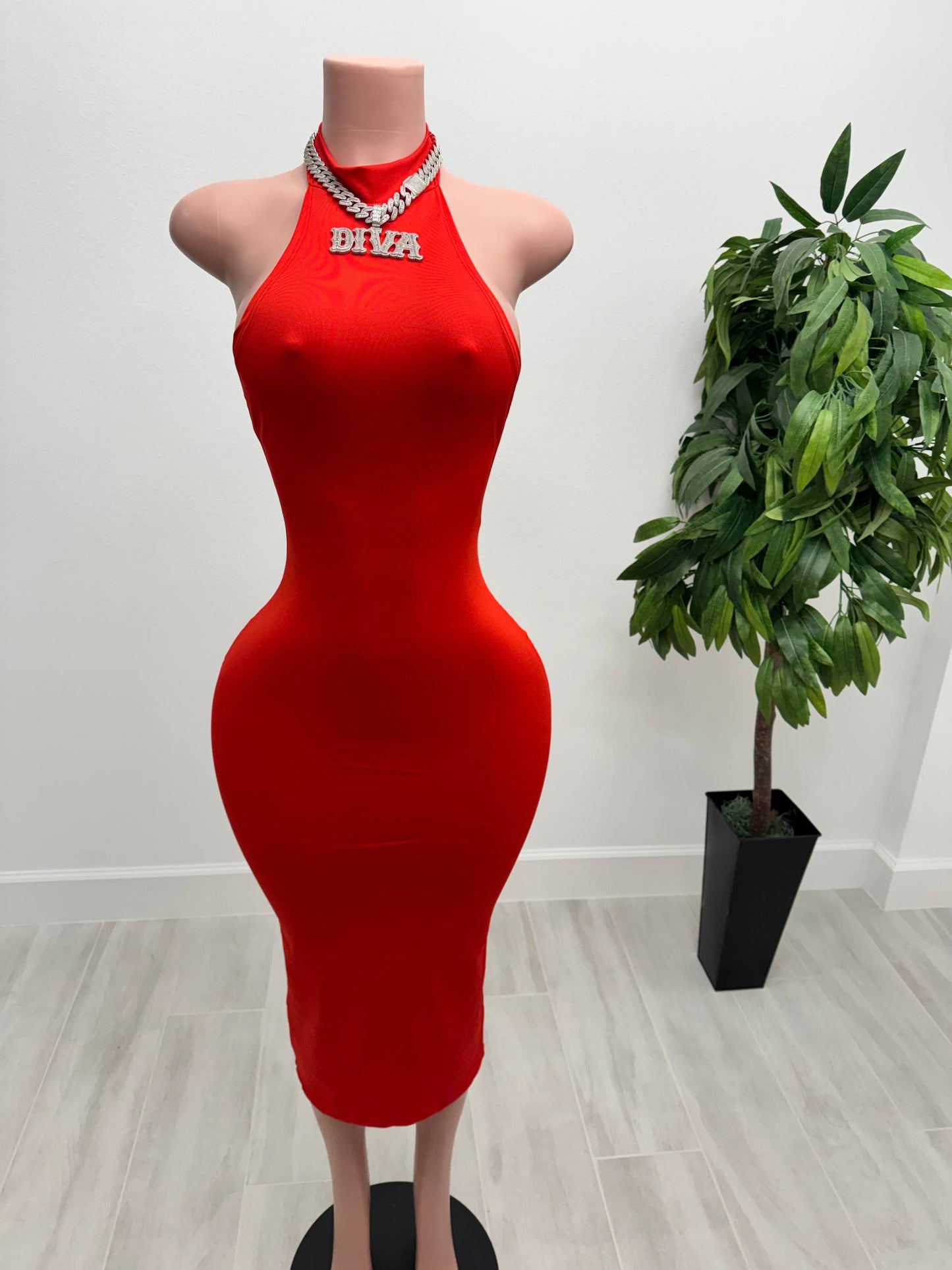 Red Siren Halter Midi Dress