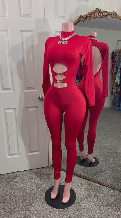 Red Alert Cutout Gold Chain Jumpsuit
